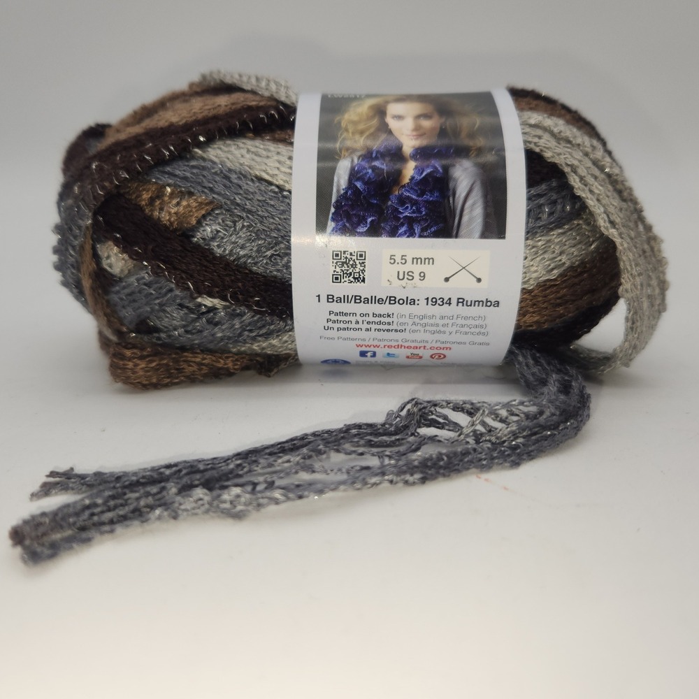 Red Heart Boutique Sashay Yarn Waltz Brown Grey Metallic Ruffle 3.5oz 30yd New